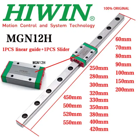 Original Genuine HIWIN MGN12 Mini Linear Guide Rail 60-550mm Automation Parts with MGN12H Slider Block for CNC 3D Printer