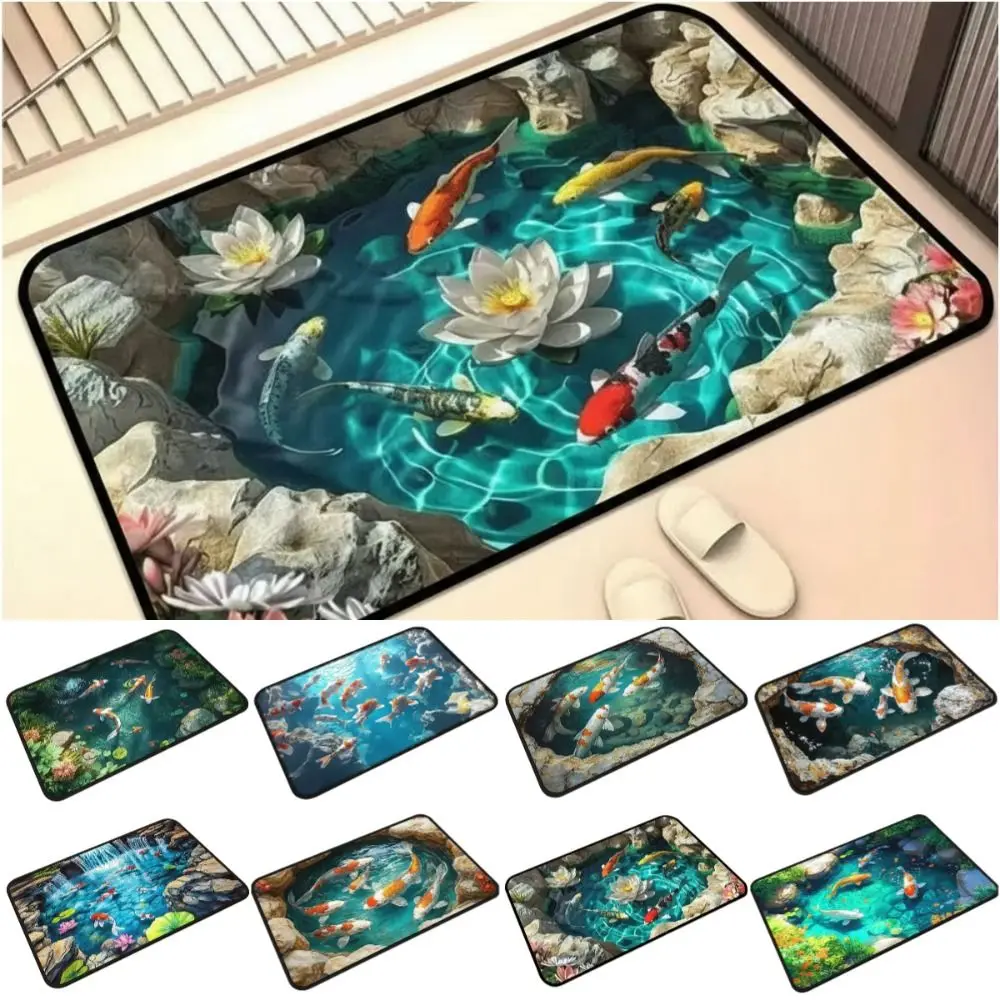 40*60cm 3D Visual Crystal Velvet Floor Mat Koi Fish Printing Water-absorbing Bedroom Door Small Rug Abrasion-resistant Non-slip