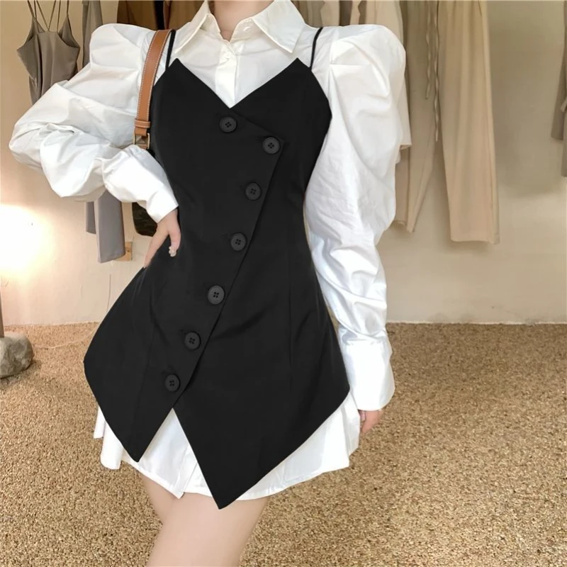 Sets Women Shirts Elegant Vests Asymmetrical Autumn Puff Sleeve Turn Down Collar Single Breasted Temperament Mature Party Cozy