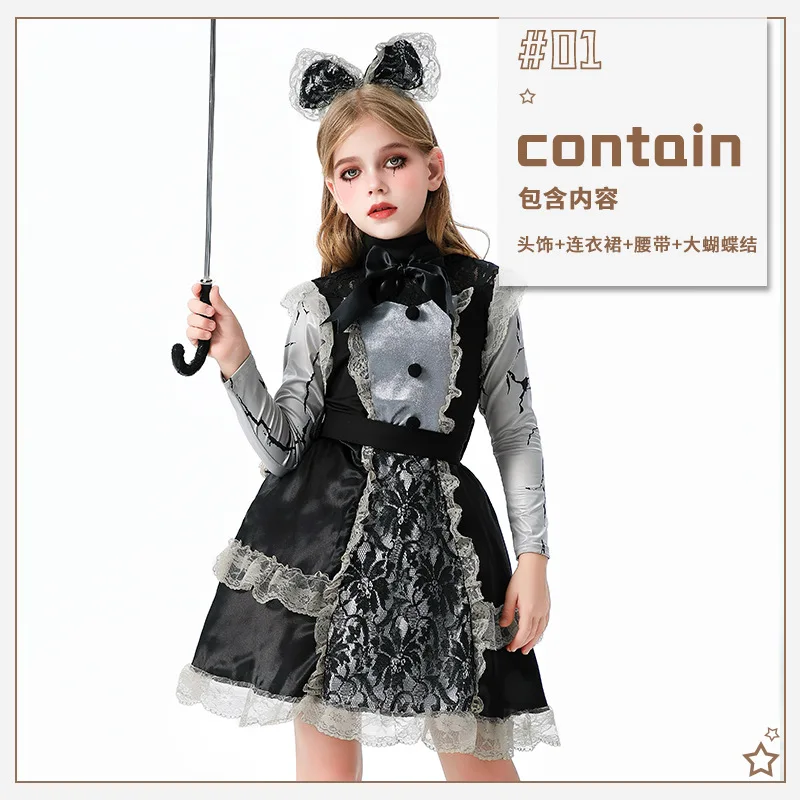 هالوين زي تأثيري الأطفال لوليتا فستان الدانتيل الظلام القوطية الساحرة فتاة لوليتا خادمة اللعب زي القوطية لوليتا