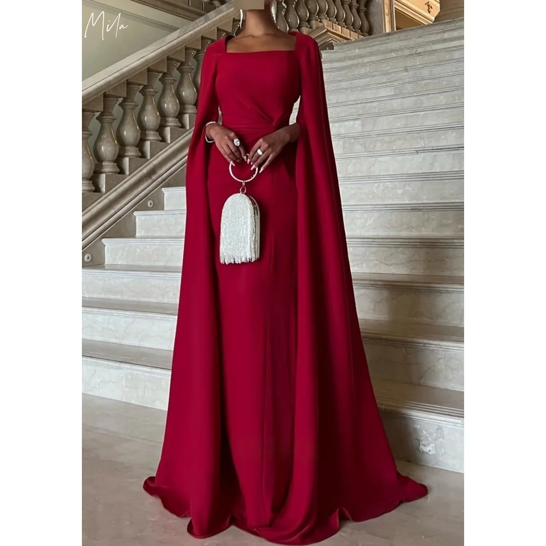 

Mila Burgundy Square Neck Cape Gown Prom Dresses Long Maxi Customized Formal Evening vestidos de gala for Wedding Guest 2025