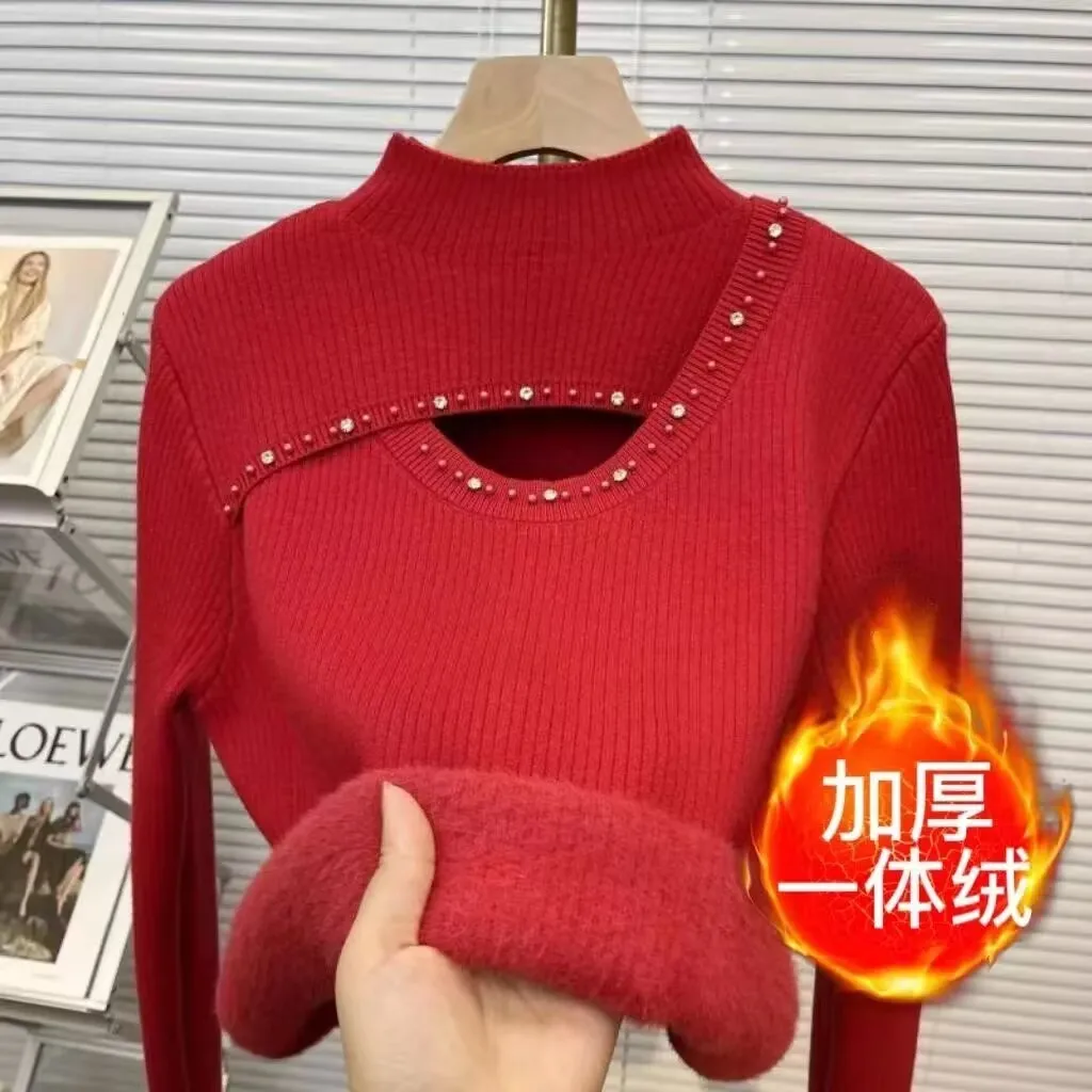 

Beading Hollow Out Fleece Sweater for Women Mock Neck Thick Base Shirt All-Match Warm Tops Autumn and Winter New 2025