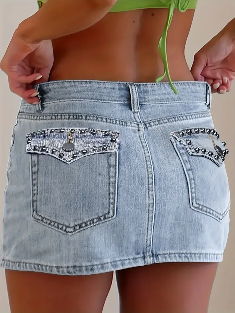 Women High Stretch Sexy Denim Short Skirt Fashion Stud Pocket Denim Skirt