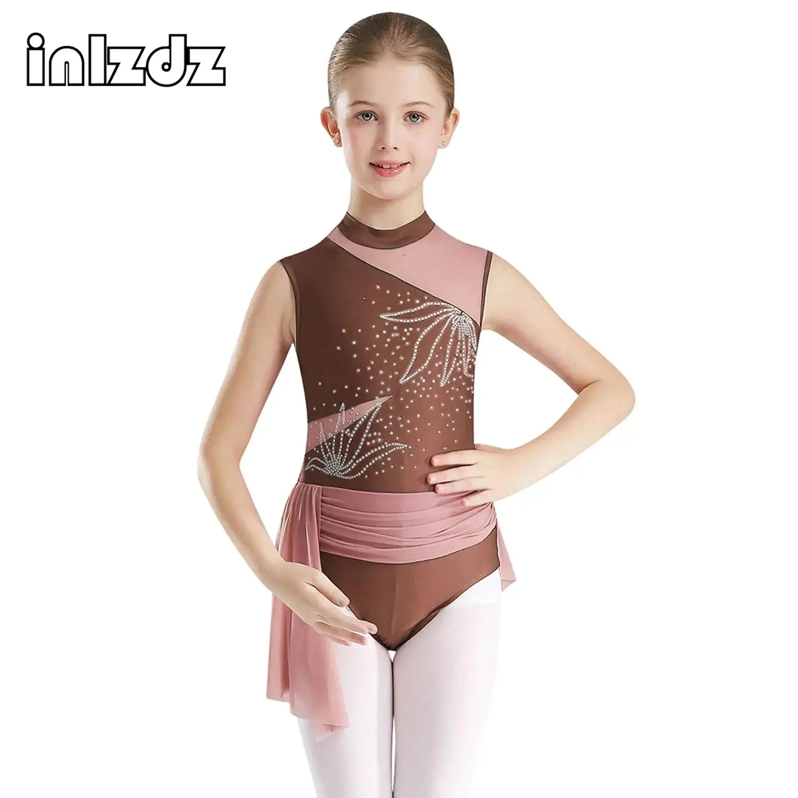 

Kids Girls Rhythmic Gymnastics Leotard Swimsuit Ballet Dancing Rhinestones Mesh Skirted Bodysuit Figure Skating Dance Costume