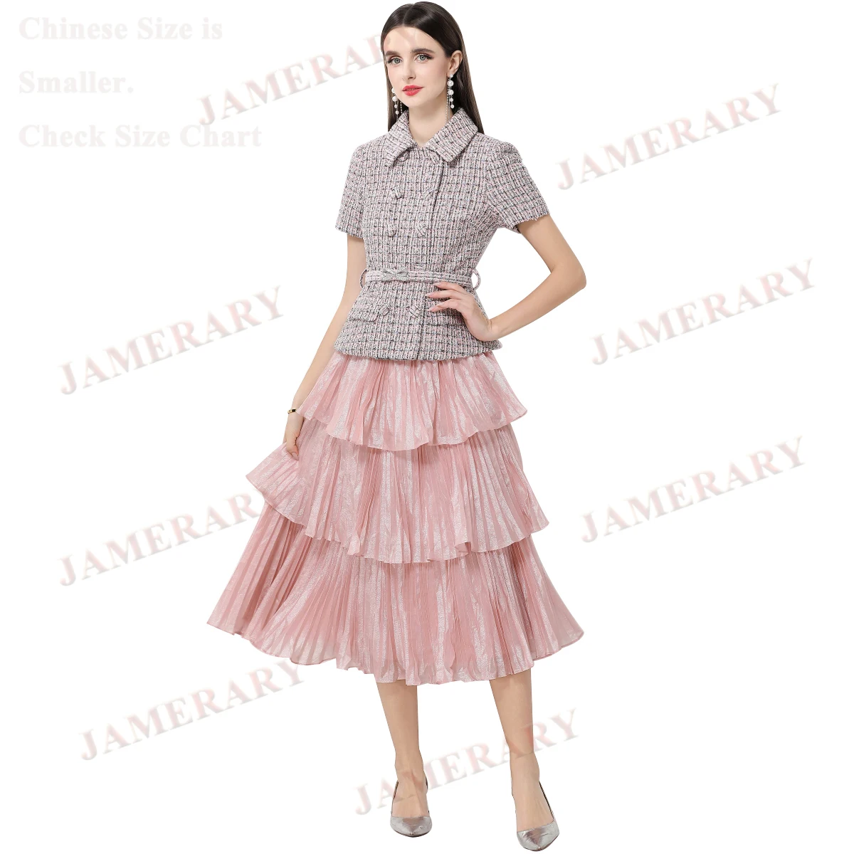 Summer Plaid Tweed Fake Two-Piece Set Long Dress Women Tweed Top Satin Cake Skirt Short Sleeve Diamond Elegant Autumn Dresses