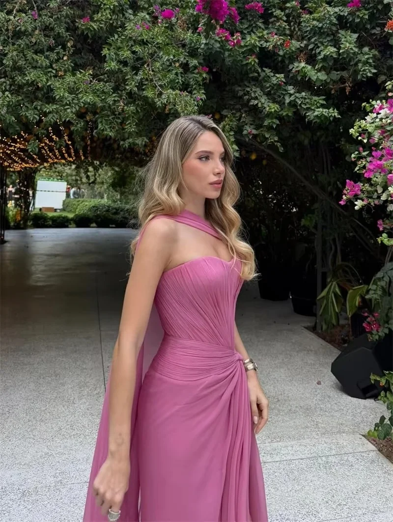 Women One Shoulder Chiffon Dresses Pleated Floor Length Cape Evening Gown Wedding Guest Formal Party Long Dresses