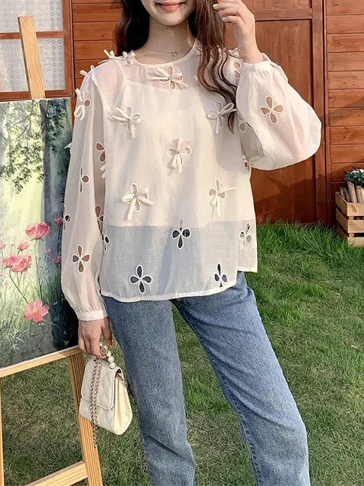 

Fashion Round Neck Embroidered Flower Shirt Top Two Piece Set Women's Classic Casual Lantern Sleeves 3D Bow Perspective Shirt