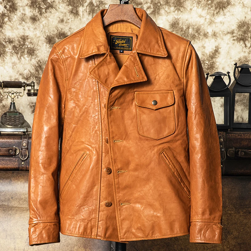 Orange Autumn Leather Jacket Men Retro Casual Style Plus Size 5XL Genuine Natural Cowhide Single Breasted Leather Coat