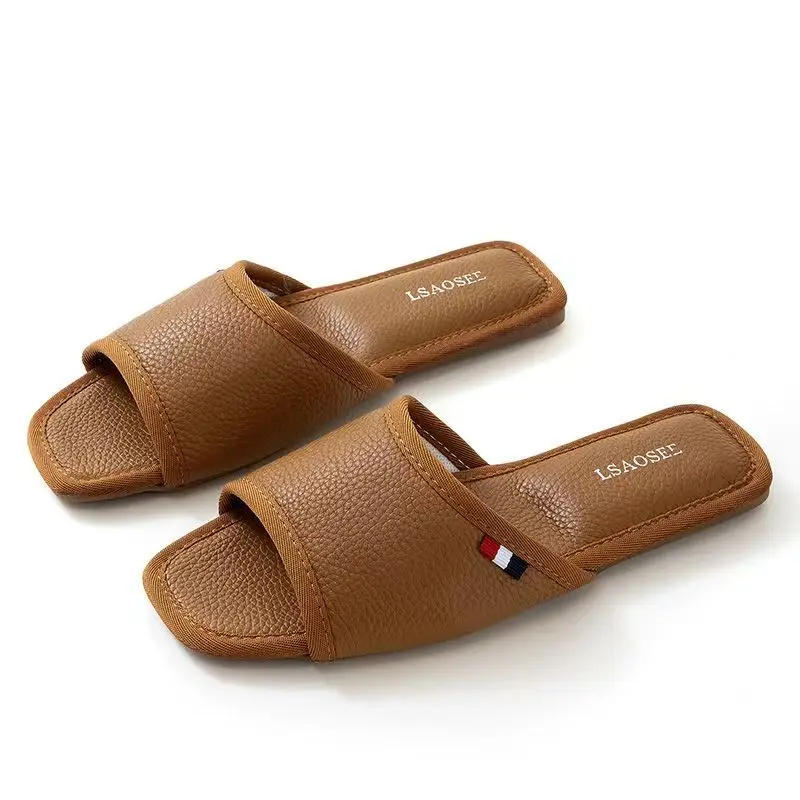 الرجال الصيف جلد طبيعي كلمة واحدة النعال لينة وحيد مقاوم للماء عدم الانزلاق عالية الجودة النعال المنزل عشاق الطابق النعال #1