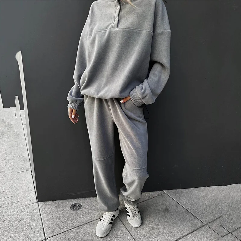 High Neck Fleece Sweatshirts Outwears Clothes Women Pullovers Ladies Outfits Winter Clothing Long Sleeve Top 2 Piece Pants Set