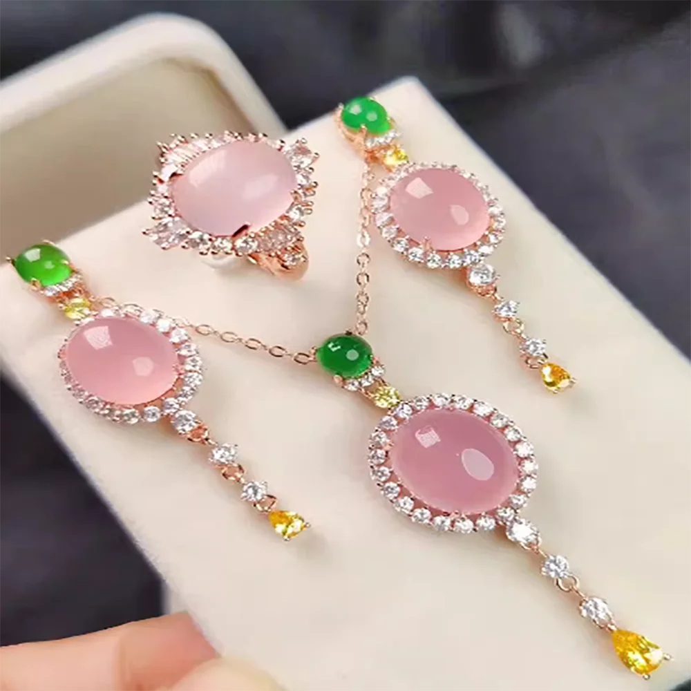 Natural powder jade pulp color silver pendant ring earring set