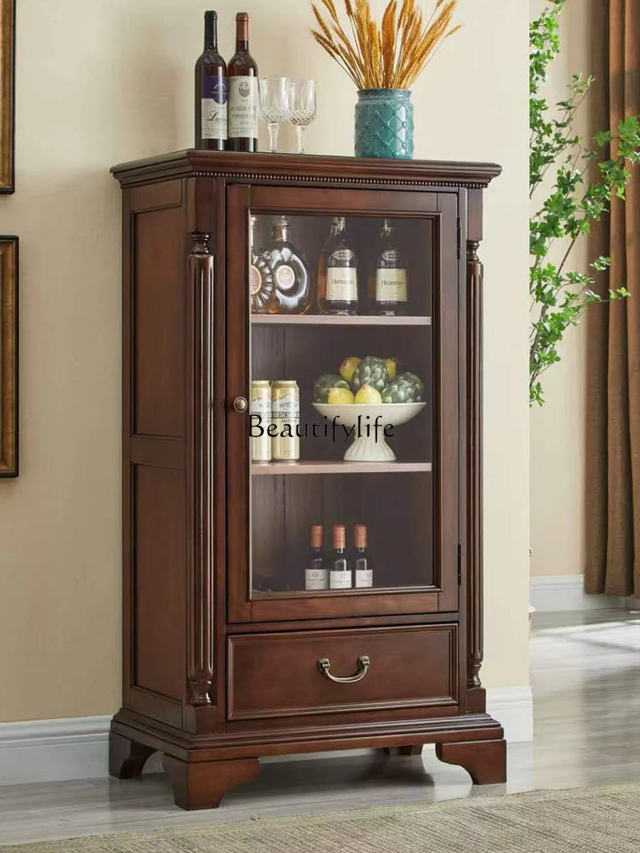 

American-Style Solid Wood Wine Cabinet Double Door with Glass Living Room Furniture Locker