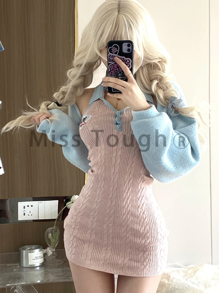Autumn Japanese Kawaii Two Piece Set Women French Elegant Sleeveless Dress Suit Female Sweet Slim Dress + Korea Casual Cardigans