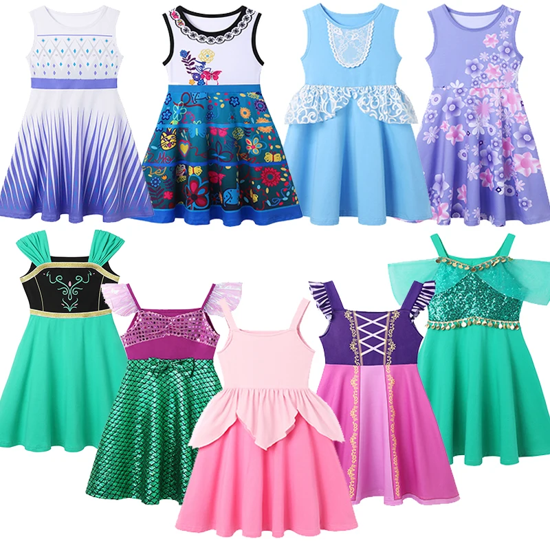 2025 Girls Elsa Anna Casual Dress Girls Summer Daily Oufit Vestidos Childrens Sleeveless Colorful Cotton Print Costumes Dresses