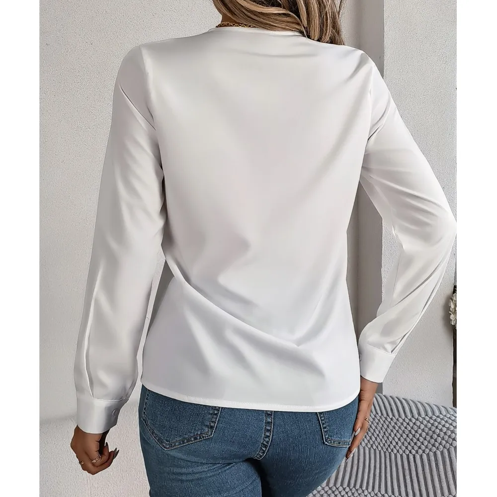 Office Lady Slim Red Pullover Blouse Tops 2024 Autumn/winter Elegant Solid Color Layered V-neck Long Sleeved Shirt Femme Blusas