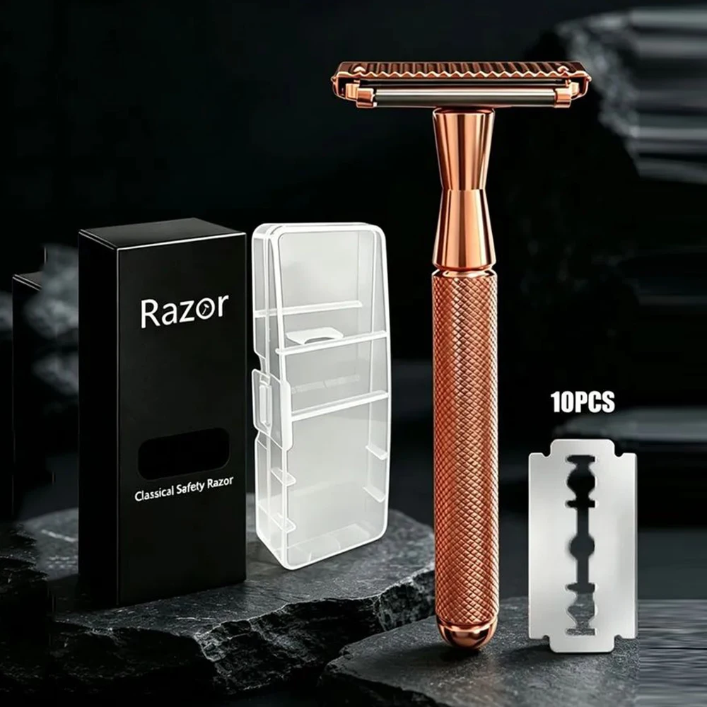 Unisex Double Edge Safety Razor for Men Women 3 Colors Rose Gold Silver Gunmetal, Diamond Knurled Non-Slip Metal Handle Razor