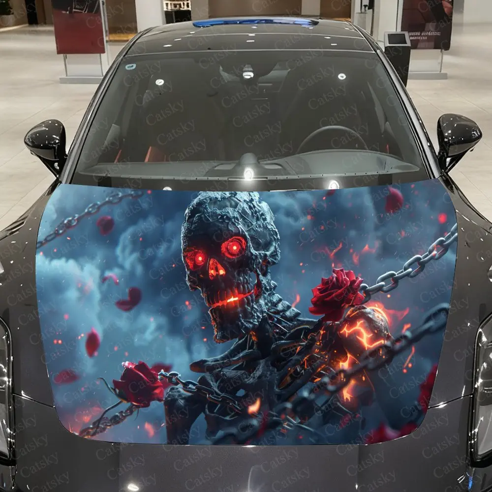 

Scarlet-Eyed Skull Red Rose Car Vinyl Wrap, PVC Material Waterproof Car Hood Sticker, Self-Adhesive Scratch-Resistant Stickers f