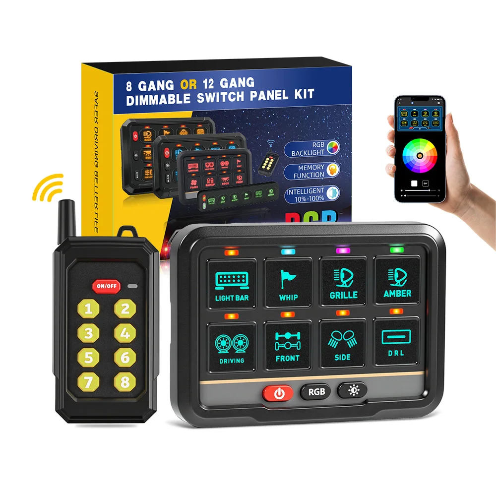 New12V 24V Off Road Car APP Control RF Remote Control 6 Gang 8 Gang Programmable Automotive Panel Wireless Switch
