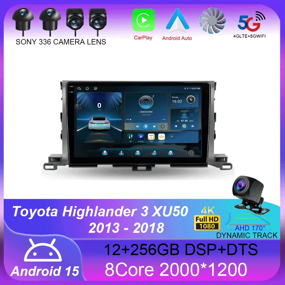 

For Toyota Highlander 3 XU50 2013 - 2018 Carplay Auto 4G+WIFI GPS Car Radio Navigation Multimedia Video Player Stereo Android 15