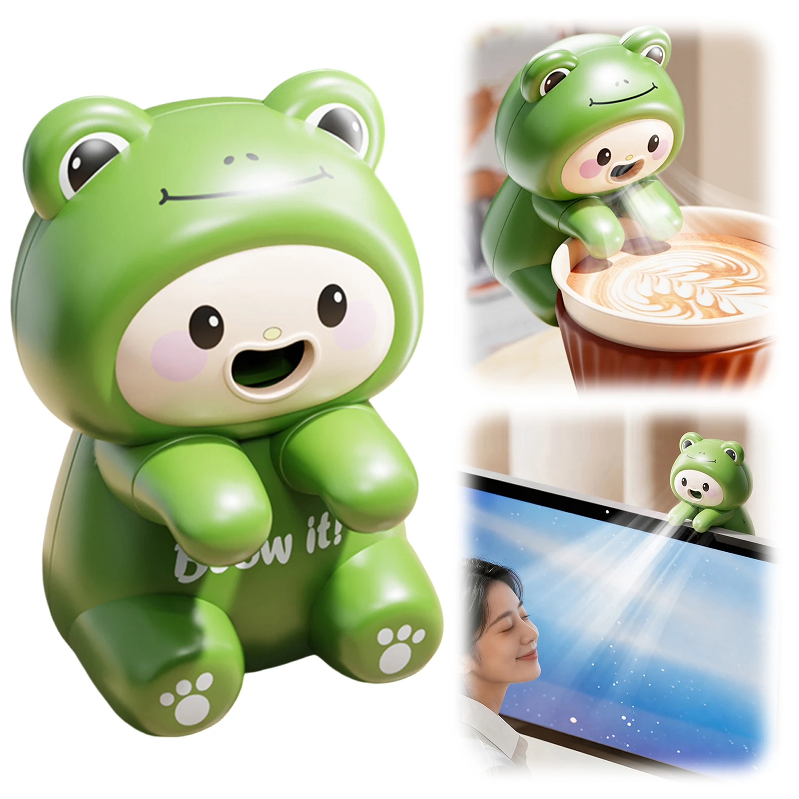 Cute Cartoon Frog Fans with Data Cable USB Rechargeable Food Cooler Mini Hanging Cup Fans for Kids Meal Office Desktop Gathering