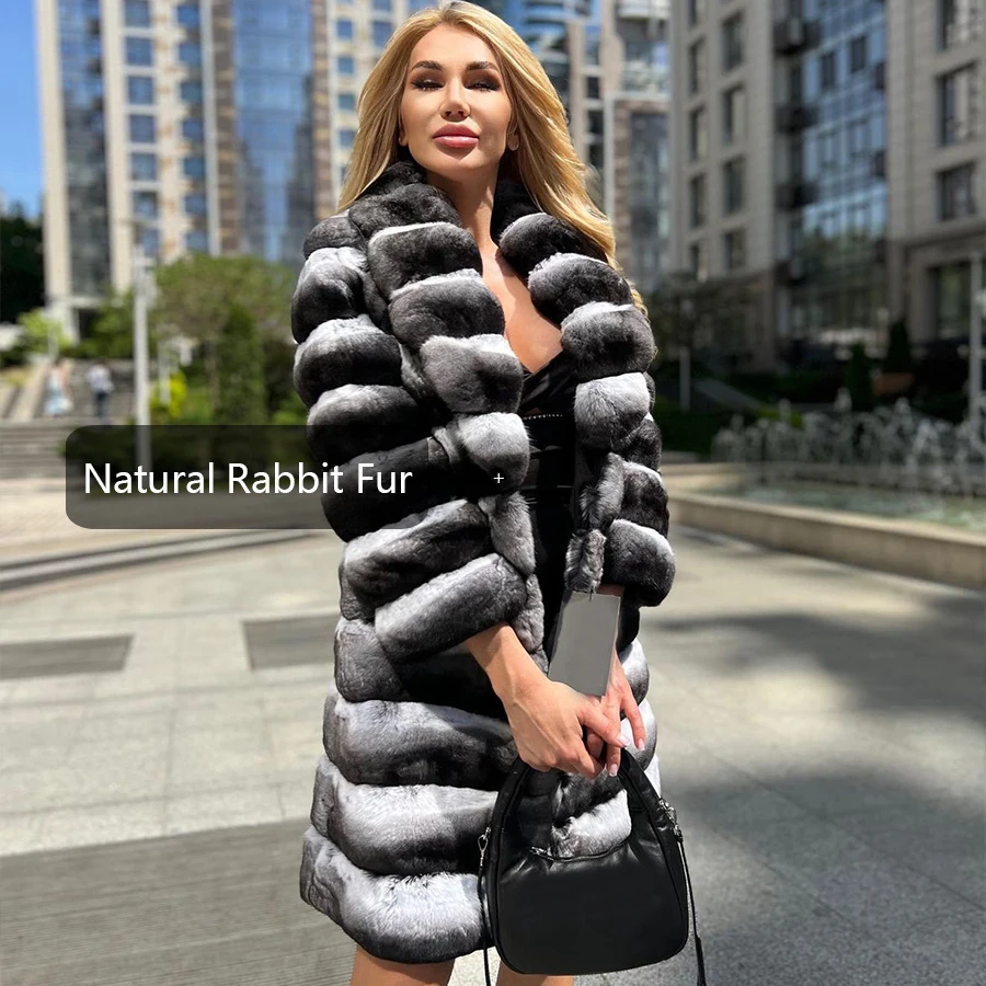 Chinchilla Real Fur Coat Women Luxury Long Natural Rex Rabbit Fur Coat Women Winter Jacket High Quality