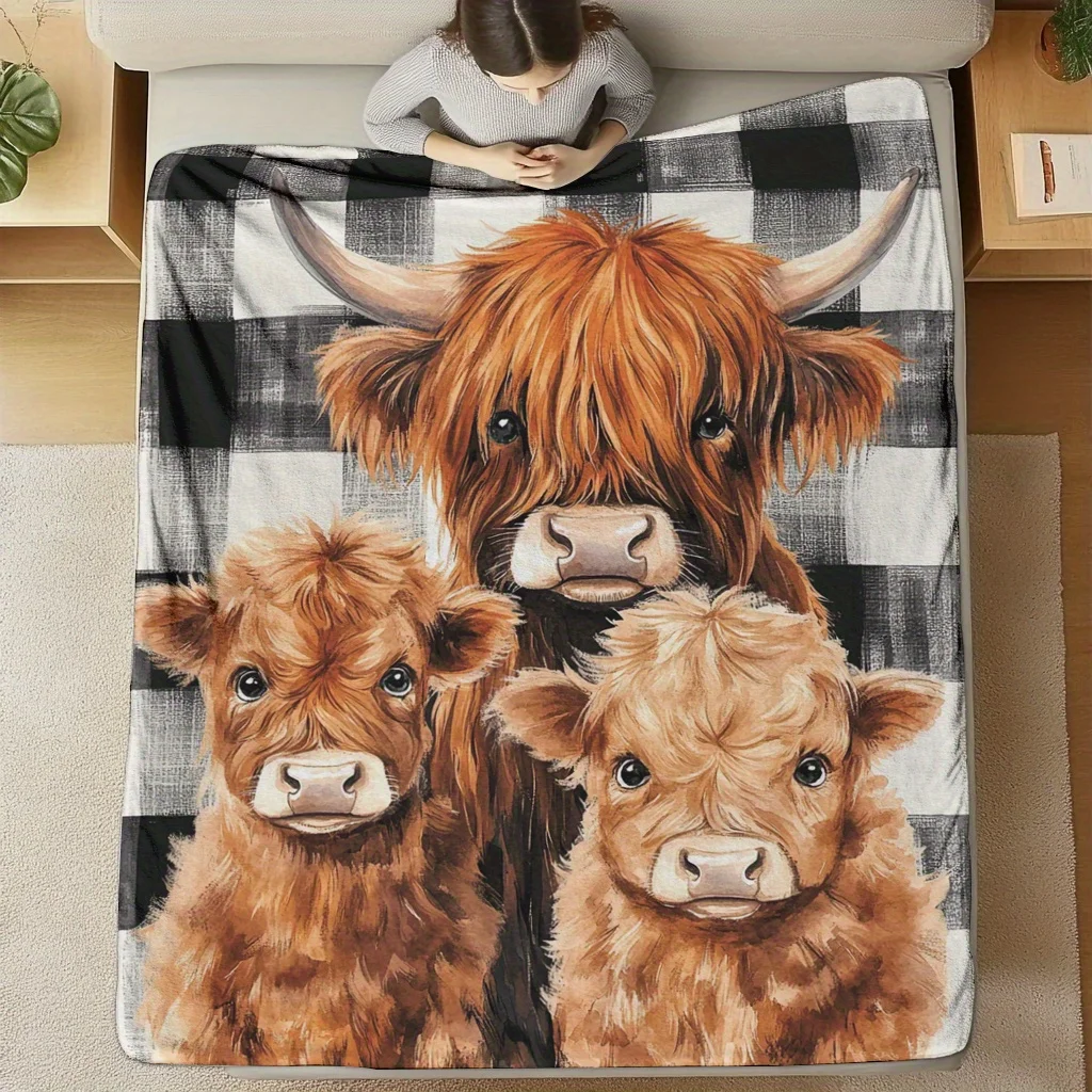 Highland Cow Print Flannel Blanket - Soft Checkered | All-Season Throw for Home Office Travel, Napping Bedtime