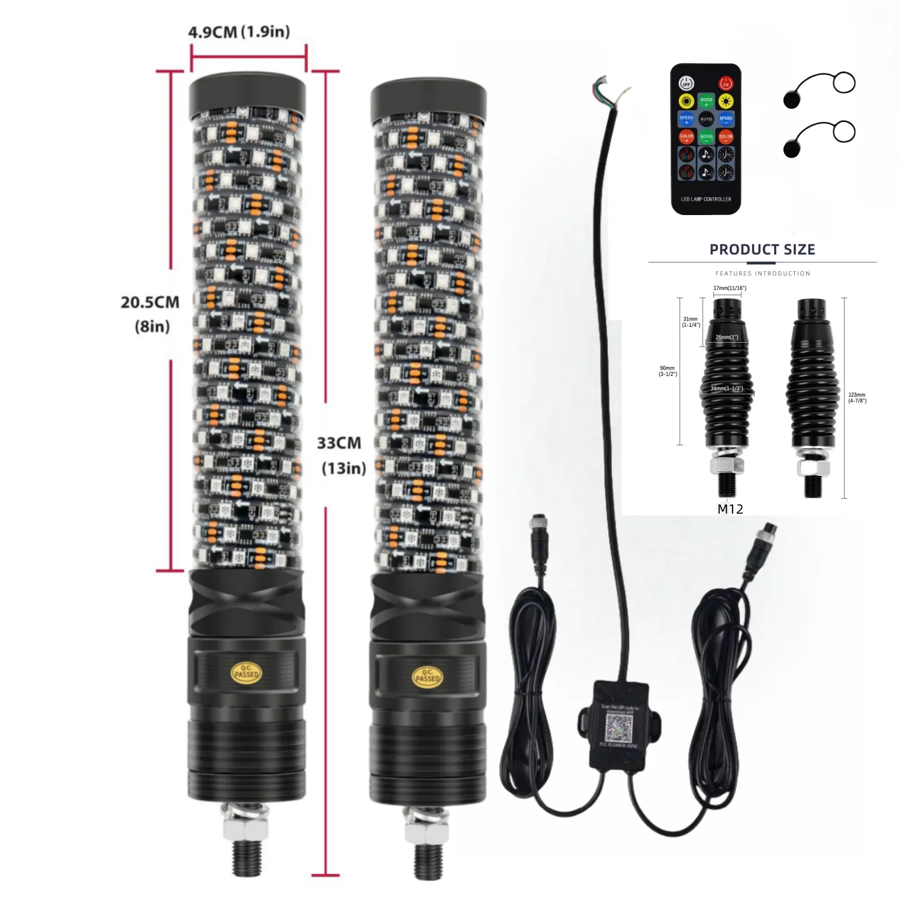 2PCS 1FT Spiral LED Fat Whip Lights Antenna RGB Chasing For Can-am X3 RZR UTV ATV