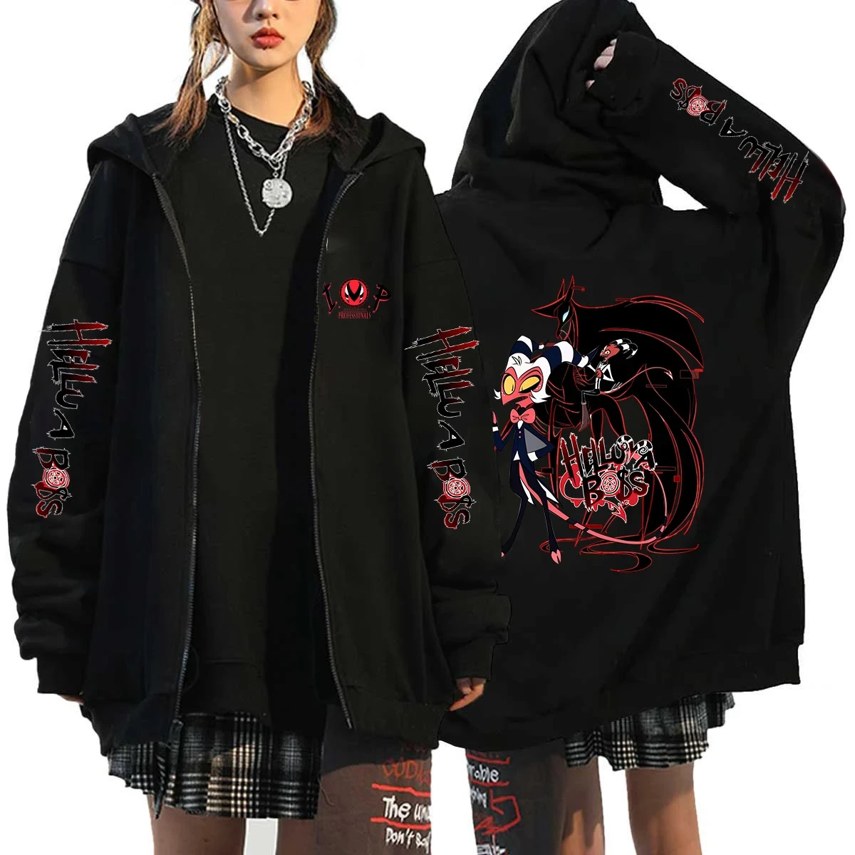 Sudadera con capucha para amantes del anime, estilo Helluva Boss, estampado 2D negro, informal