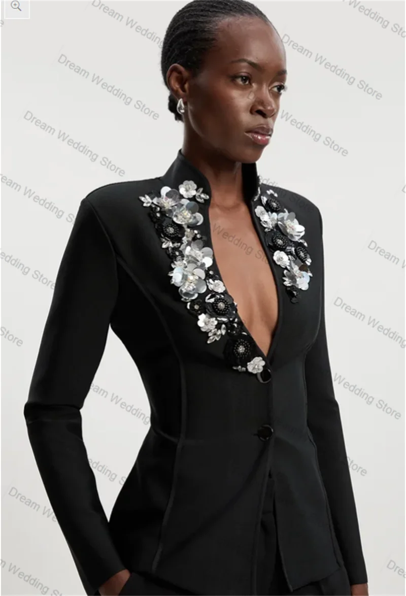 Black Women Suit Set 2 Pcs Blazer+Pants Luxury 3D Flower Crystals Formal Office Lady Jacket Customized Wedding Tuxedos Coat