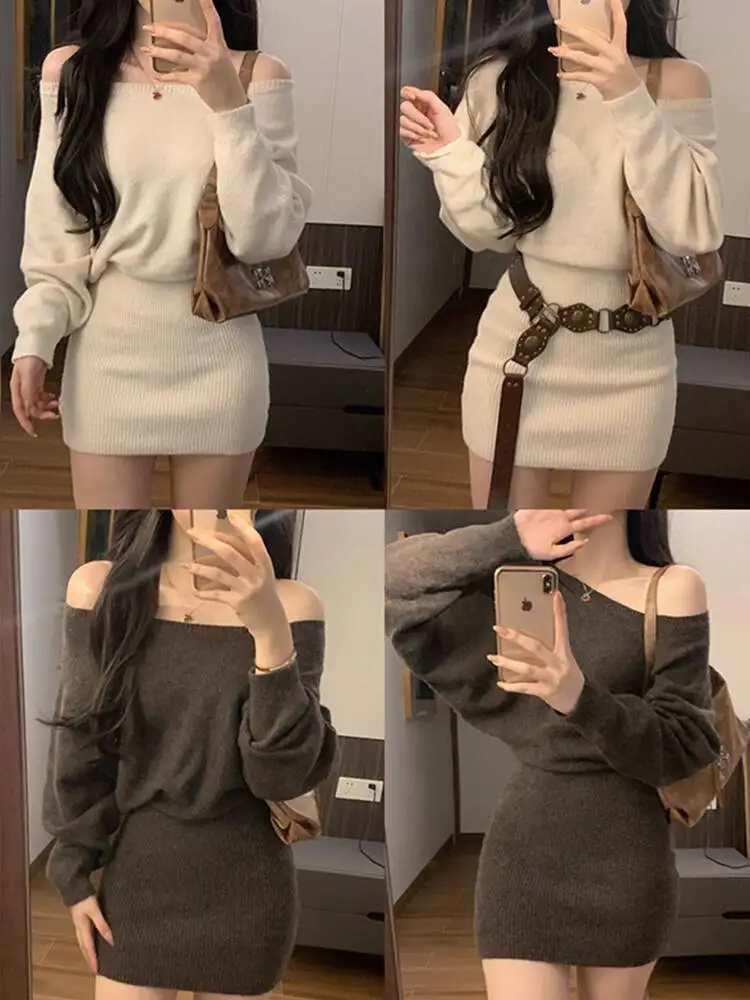 

Women Knitting Dress With Belt 2025 Autumn New Women's Dress Off The Shoulder Long Sleeve Knit Slim Fit Bodycon Midi Dress
