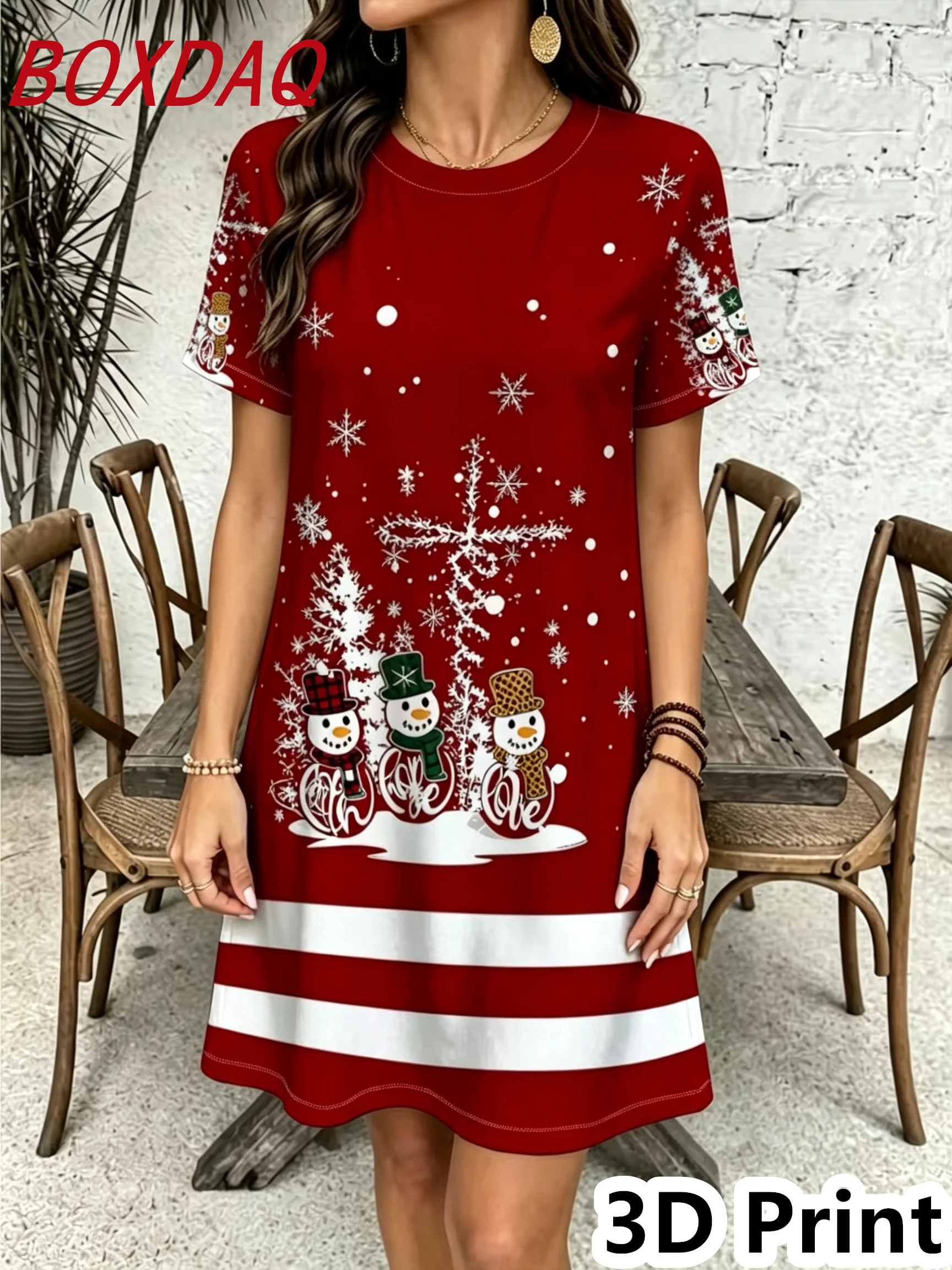 New Spring Summer Christmas Snowman Pattern Women Dress Elegant 3D Print Short Sleeve O-Neck Loose Casual A-Line Dress Christmas