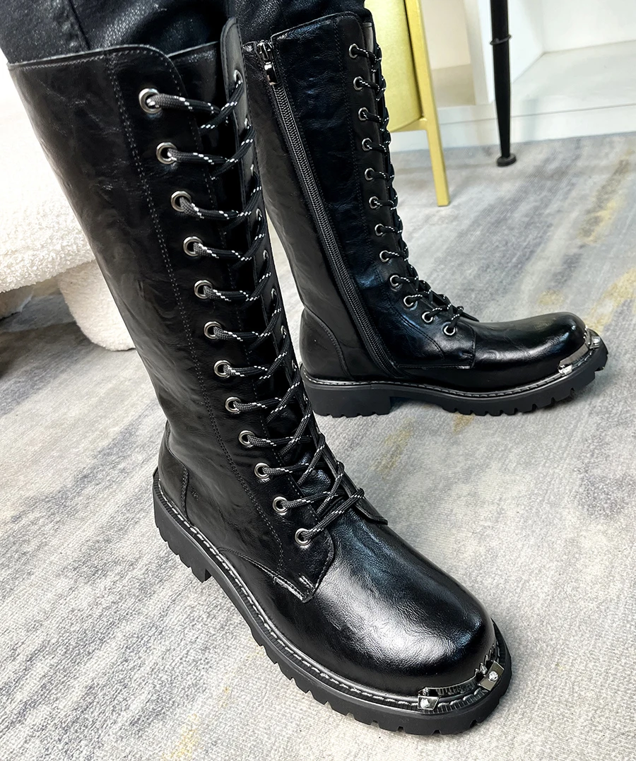 men's casual stage nightclub cool long boots lace-up genuine leather shoes cowboy platform boot black high motorcycle botas male