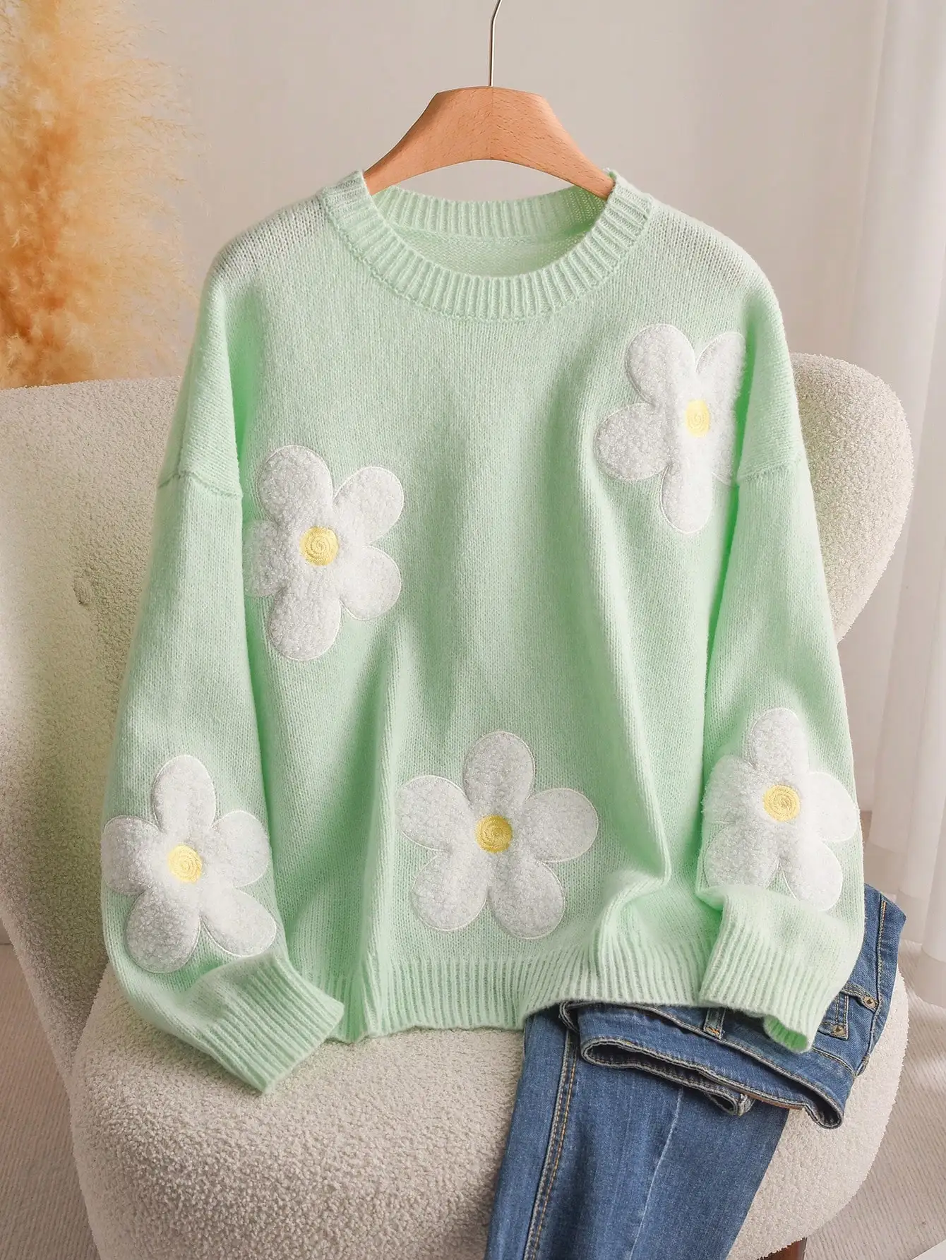 Loose Floral 3D Knit Pullover Sweater For Women Autumn Winter