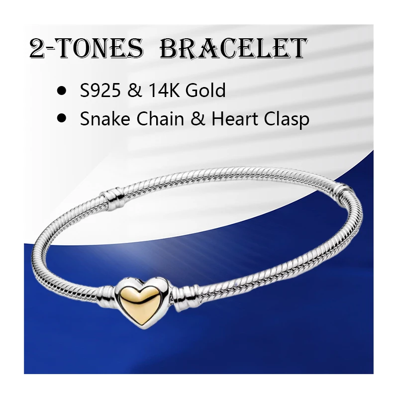 

2 Tones Wrist Charm Bracelets For Women Fine Jewelry Original 925 Sterling Silver Snake Chain Real 14K Gold 585 Dome Heart Clasp