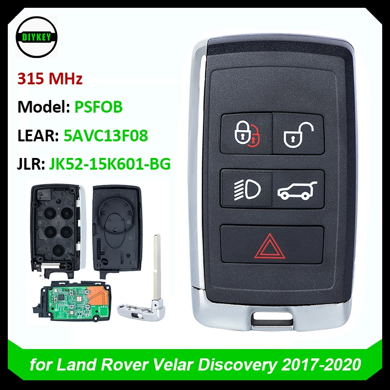 DIYKEY Smart Remote Key Fob 315MHz / 434MHz for Land Rover Velar Range Discovery Jaguar 2018-2024 PSFOB, FOBL4LR, JK52-15K601-xx