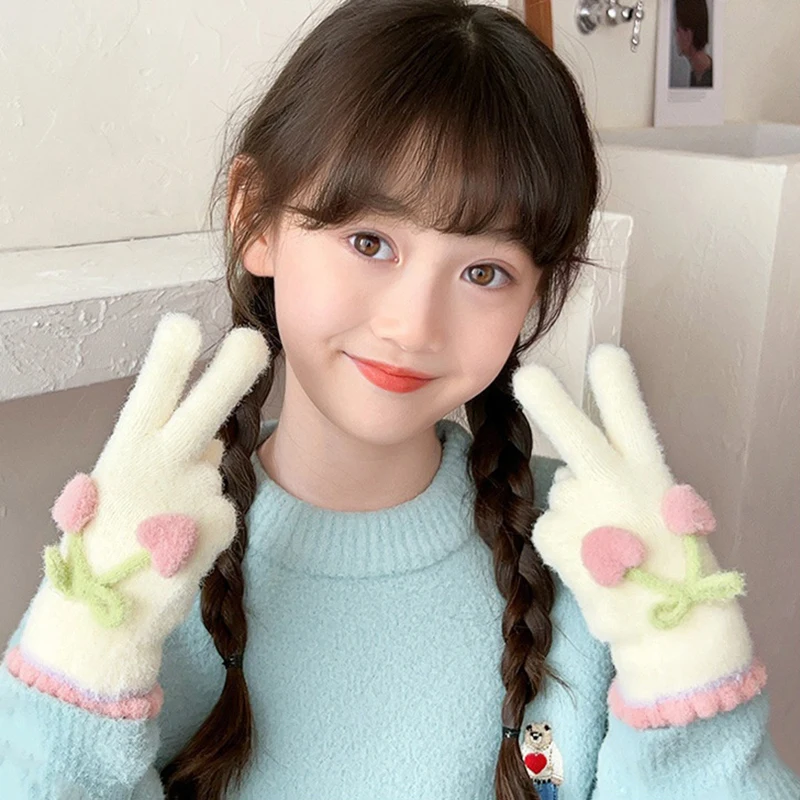 6-12 سنة الكورية الحلو الكرز الحب الأطفال الدافئة قفازات كاملة الأصابع الشتاء يندبروف رشاقته الفتيان الفتيات طفل الدراجات القفازات