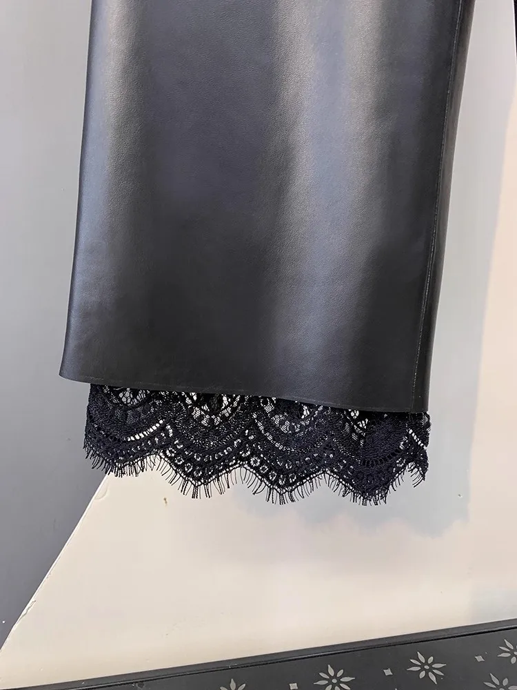 الخريف المرأة مرونة الخصر فضفاضة تناسب بنطال ذو قصة أرجل واسعة الكاحل طول الدانتيل تقسم جلد الغنم حقيقية بنطال جلدي ملابس الشارع الشهير غير رسمية #5