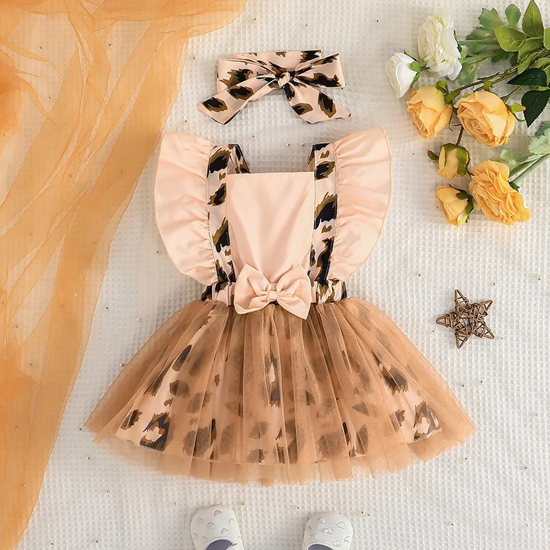 Set Dress For Kids Newborn 6 - 36 Months Style Butterfly Sleeve Tulle Leopard print Princess Formal Dresses Ootd For Baby Girl