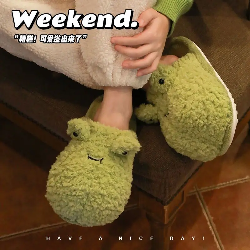 Animal Green SlippersWinter Cartoon Cute Room Shoes Home Couple Slippers Cute Frog Shoes Dormitory Non Slip Warm Cotton Slippers