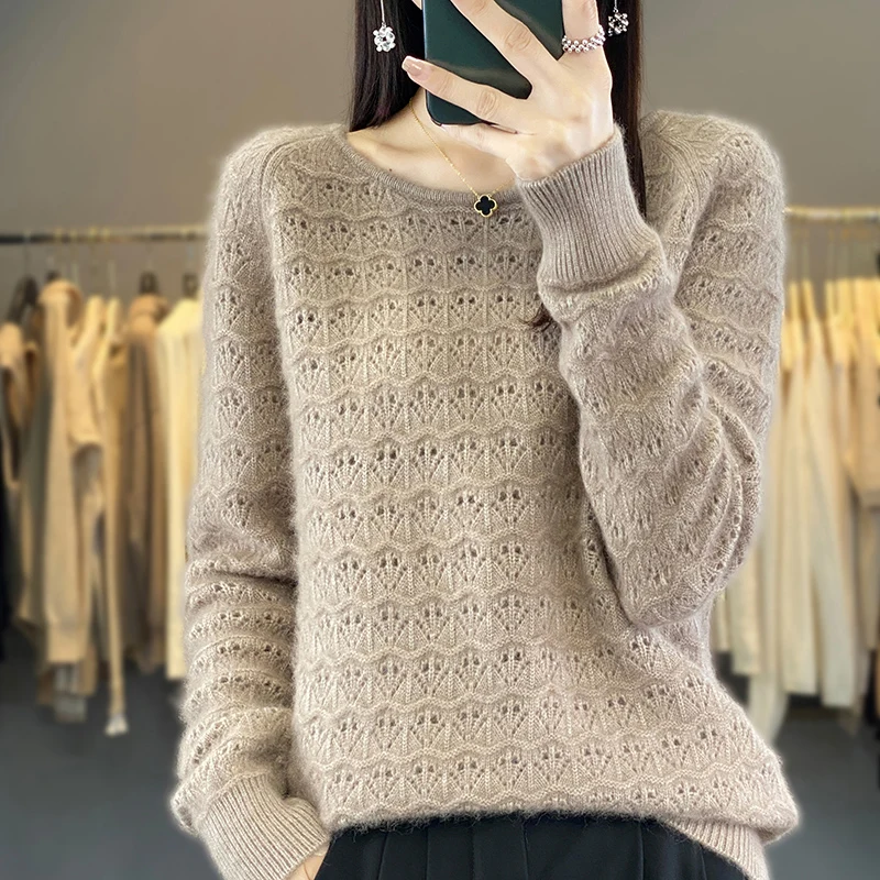 Autumn and Winter New Mink Cashmere Sweater Women\'s Loose Knit Pullover Low O-Neck Fashion Hollow-Out Long Sleeves Hot Jumper