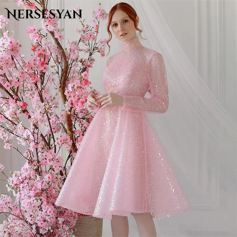 

Nersesyan Pink Tulle Formal Party Gowns Glitter Long Sleeves High-Neck Evening Dresses A Line Draped Vestidos De Fiesta 2023