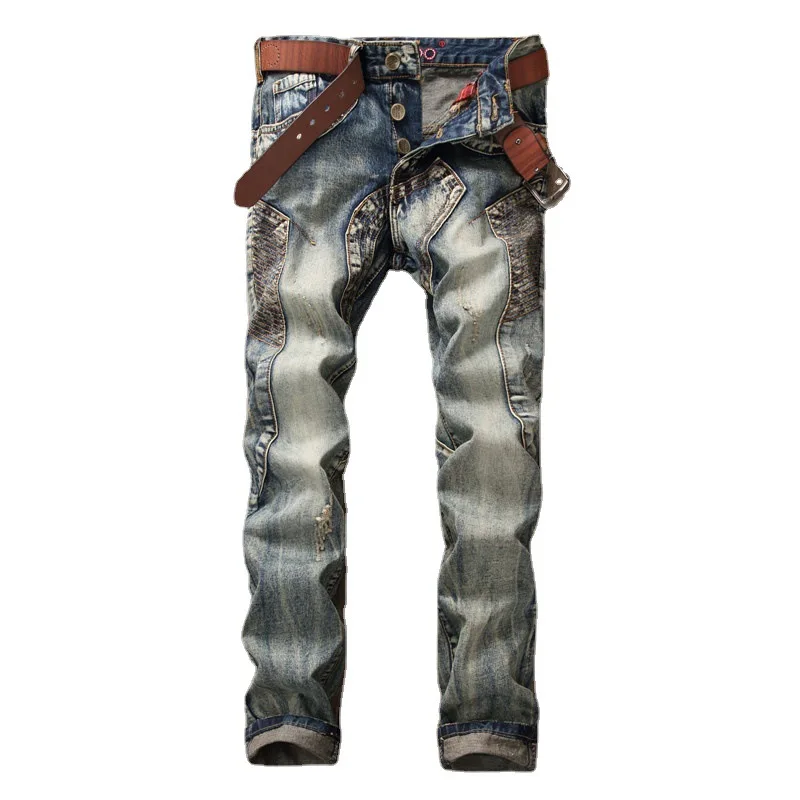 Motorcycle Jeans Men's Retro Distressed Stitching Street Trend Slim Fit Skinny Handsome Cool Men's Skinny Trousers