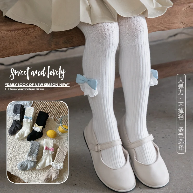 Cute Girls Anti Pilling Solid Leggings Vertical Stripe Design Decorated With Cute Butt Cover Bow Skin-Friendly Elastic Pantyhose