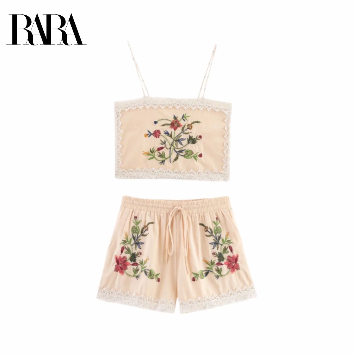 

RARA2025 new summer women's casual suspender embroidered lace top with high waist elastic waist tie shorts