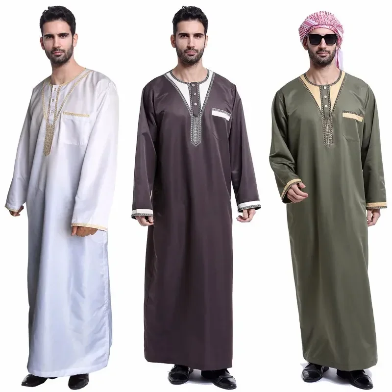 Arab Men's Casual Robe Ramadan Muslim Jubba Thobe Islamic Man Clothing Turkey Long Sleeve Dress Dubai Abaya Turkey Middle East