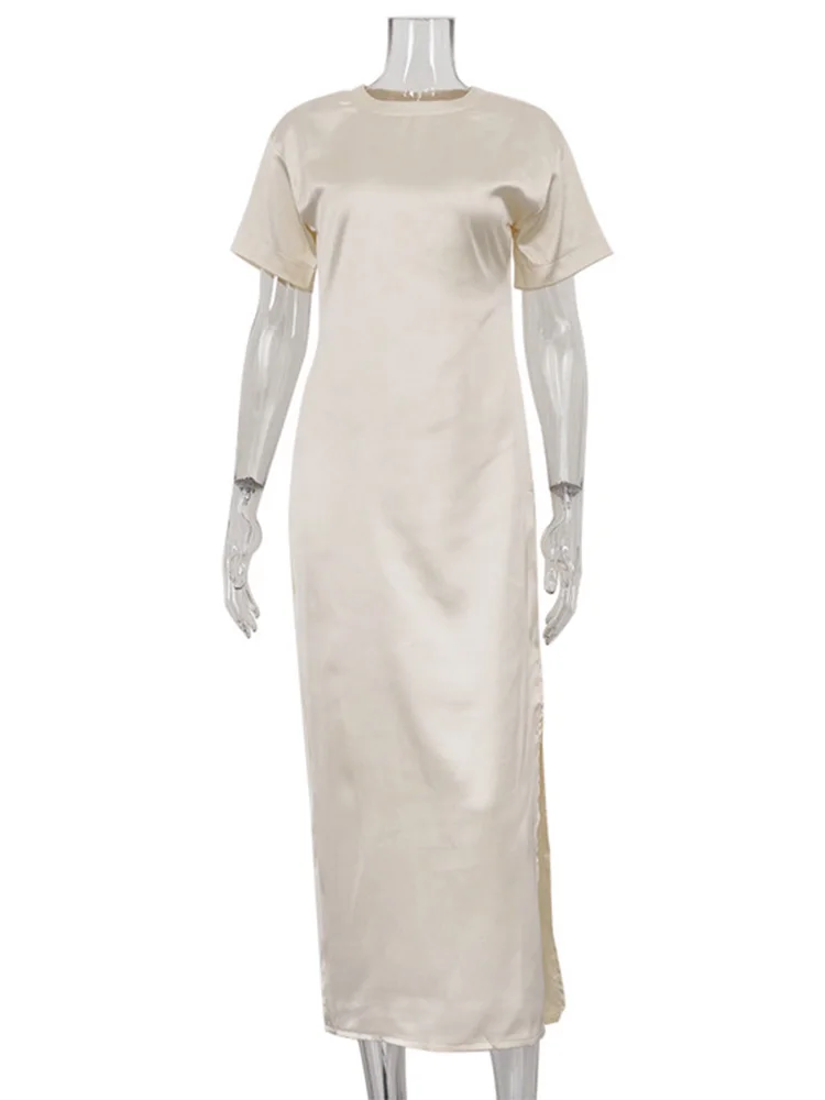 Trendix サイドスリットサテンドレス女性の夏のファッション半袖ハイウエスト A ラインドレスパーティーヴィンテージエレガントなイブニングドレス