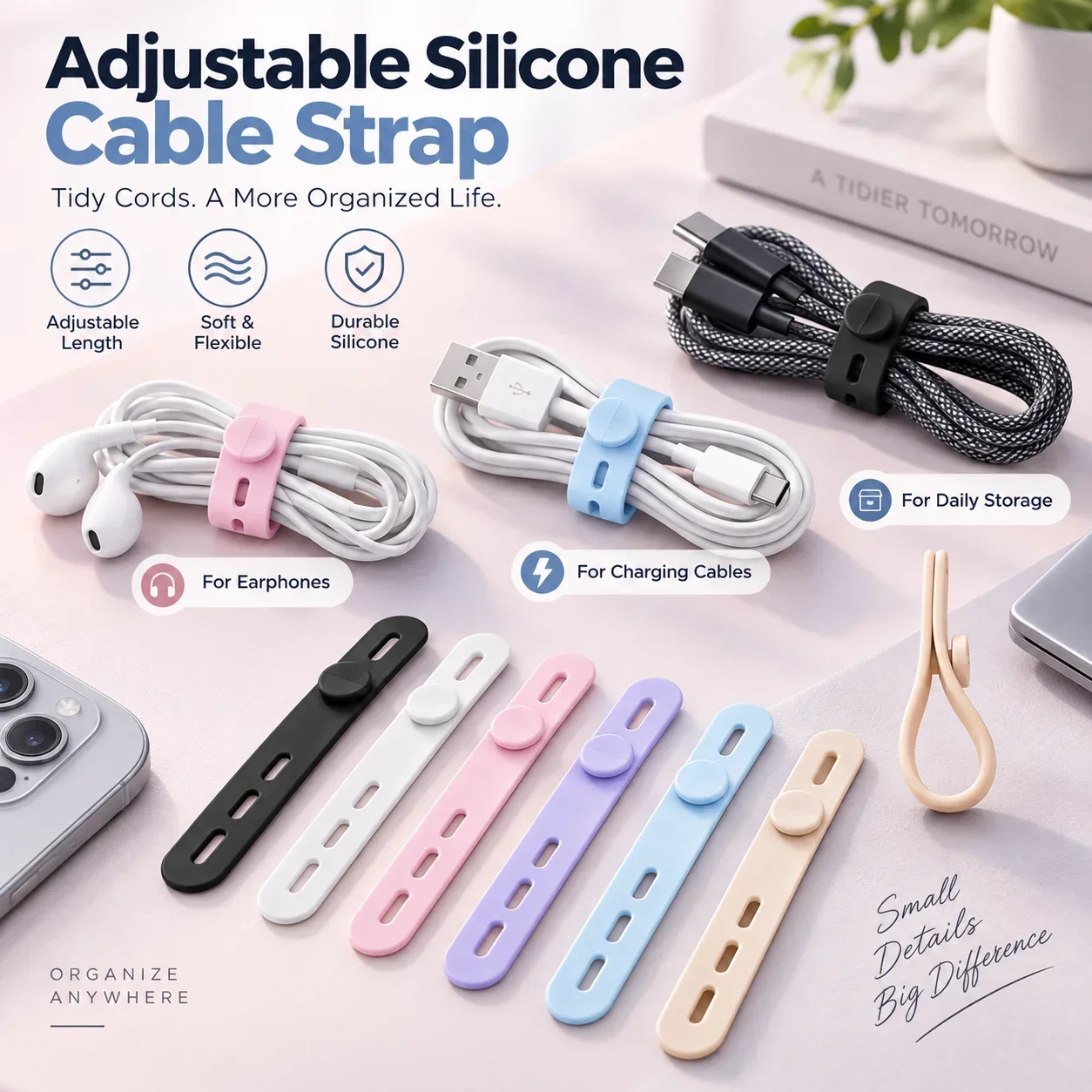 Adjustable Silicone Cable Straps, Reusable Cord Management Ties, Earphone Winder and Cable Organizer