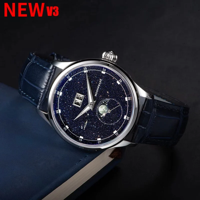 Personality Starry Sky Dial Hot Selling Decorative Creative Unique Design Watch Men Steel Leather Strap Moonphase Watch of Men