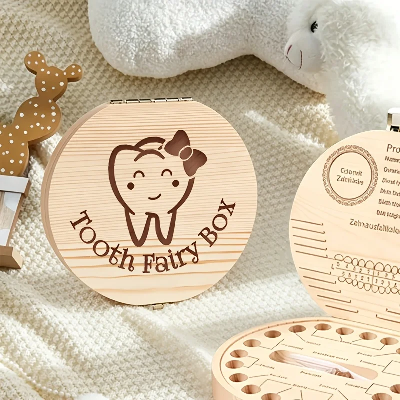 1PCS Wooden Tooth Fairy Box Tooth Keepsake Storage Children's Teeth Hair Commemorative Preservation Box Birthday Halloween Gift