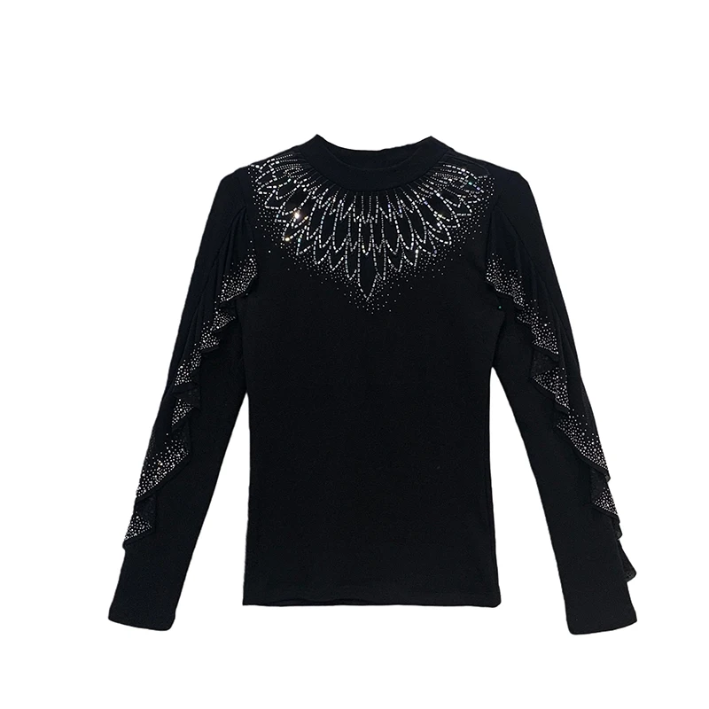 

Корейский,стиль, осень, зима, с флисом, футболка, сексуальный, с круглым вырезом, пэчворк, оборки, блестящие, бриллианты, женские, топы, футболки с длинным рукавом, 5112602